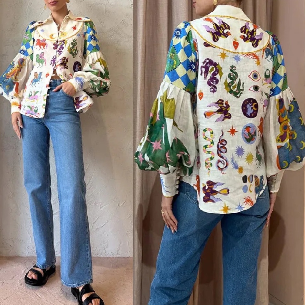 Whimsical Zodiac Print Cream Button-Up Blouse - Picture 2 of 7